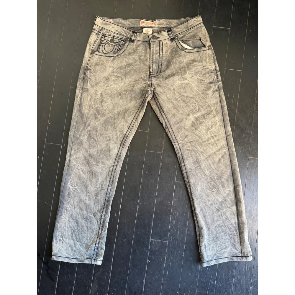 True Religion Joey Mens Gray Acid Wash Black Triple Stitch Jeans Size 40x33 USA